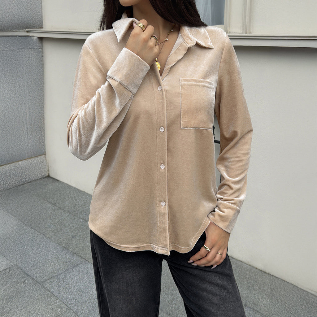 Velvet Lapel Single-breasted Pocket Blouse For Women