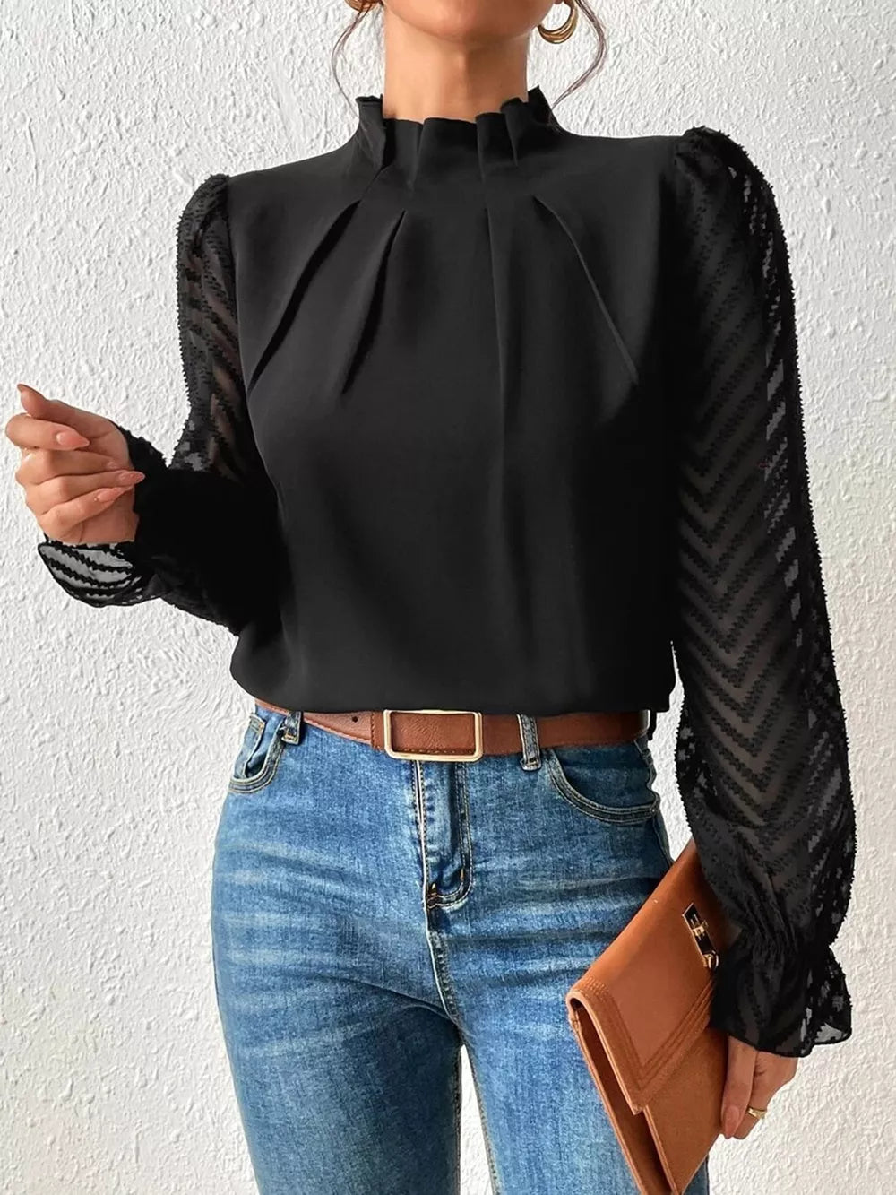 Women's Mock Neck Flounce Sleeve Blouse - Black