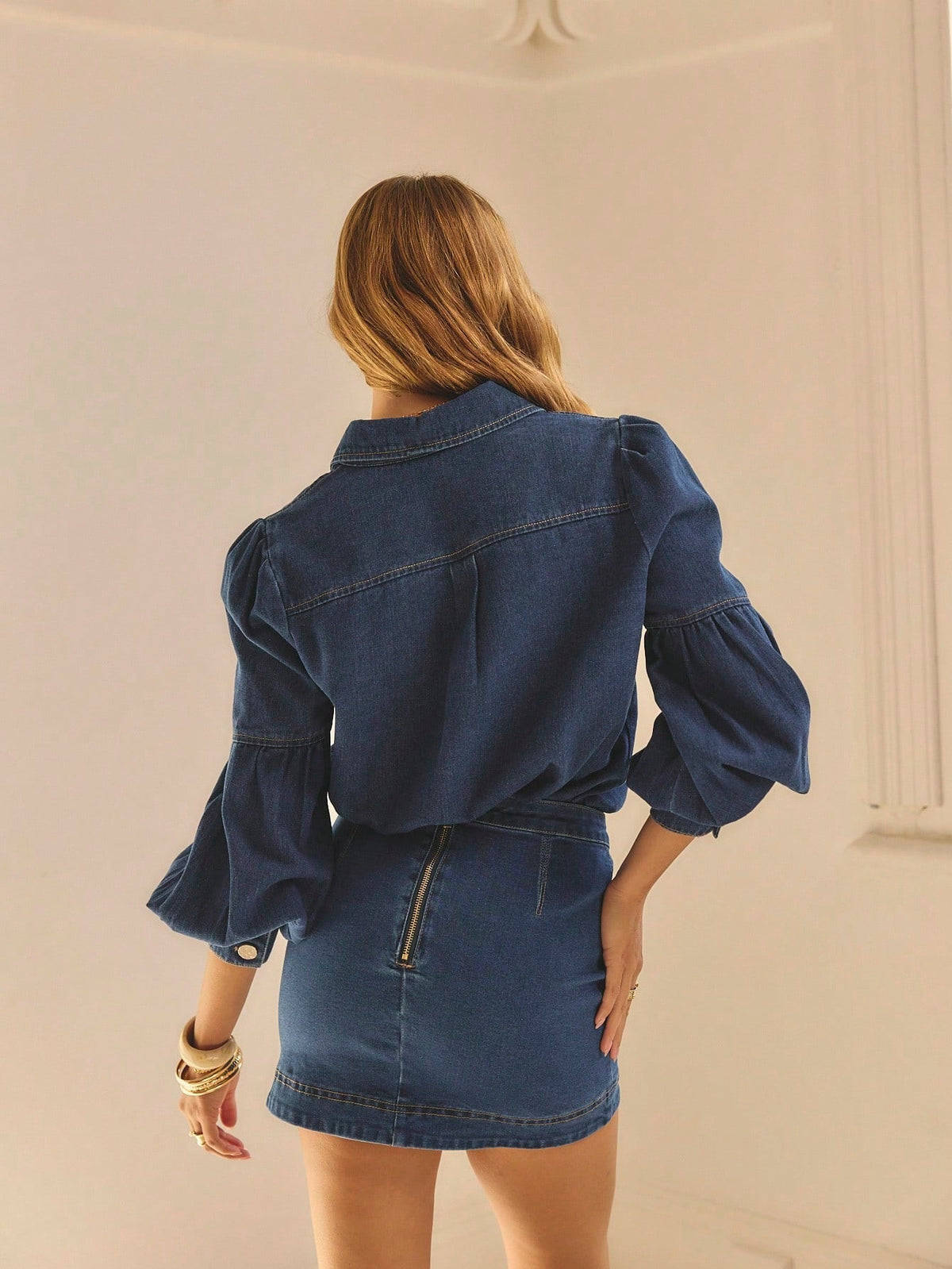 Women's Dark blue Denim Puff-Sleeve Button-Front Blouse - Dark blue