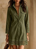 Women's Button-Down Shirt Dress with Lace Trim - Army Green