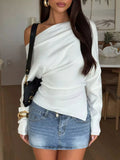 Women's One Shoulder Long Sleeve T-Shirt - White