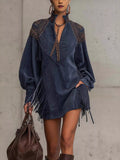 Women's Dark Navy Fringed Lantern Sleeve Mini Dress - Dark Navy