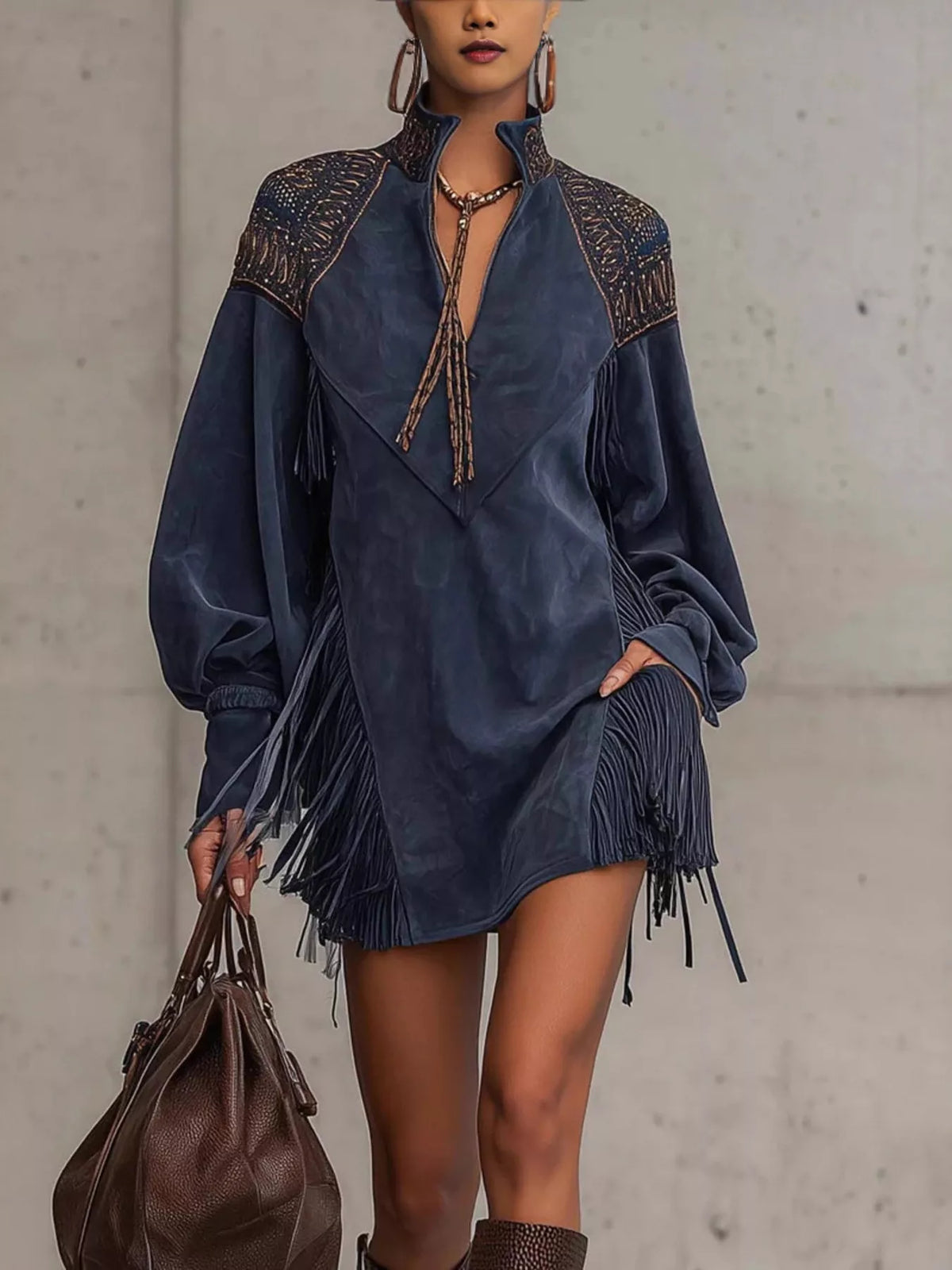 Women's Dark Navy Fringed Lantern Sleeve Mini Dress - Dark Navy
