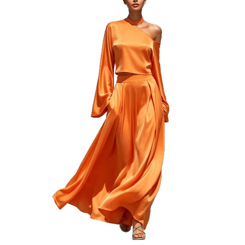 Off-shoulder Halter Suit Women's Bell Sleeve Short Top Skirt Two-piece Suit