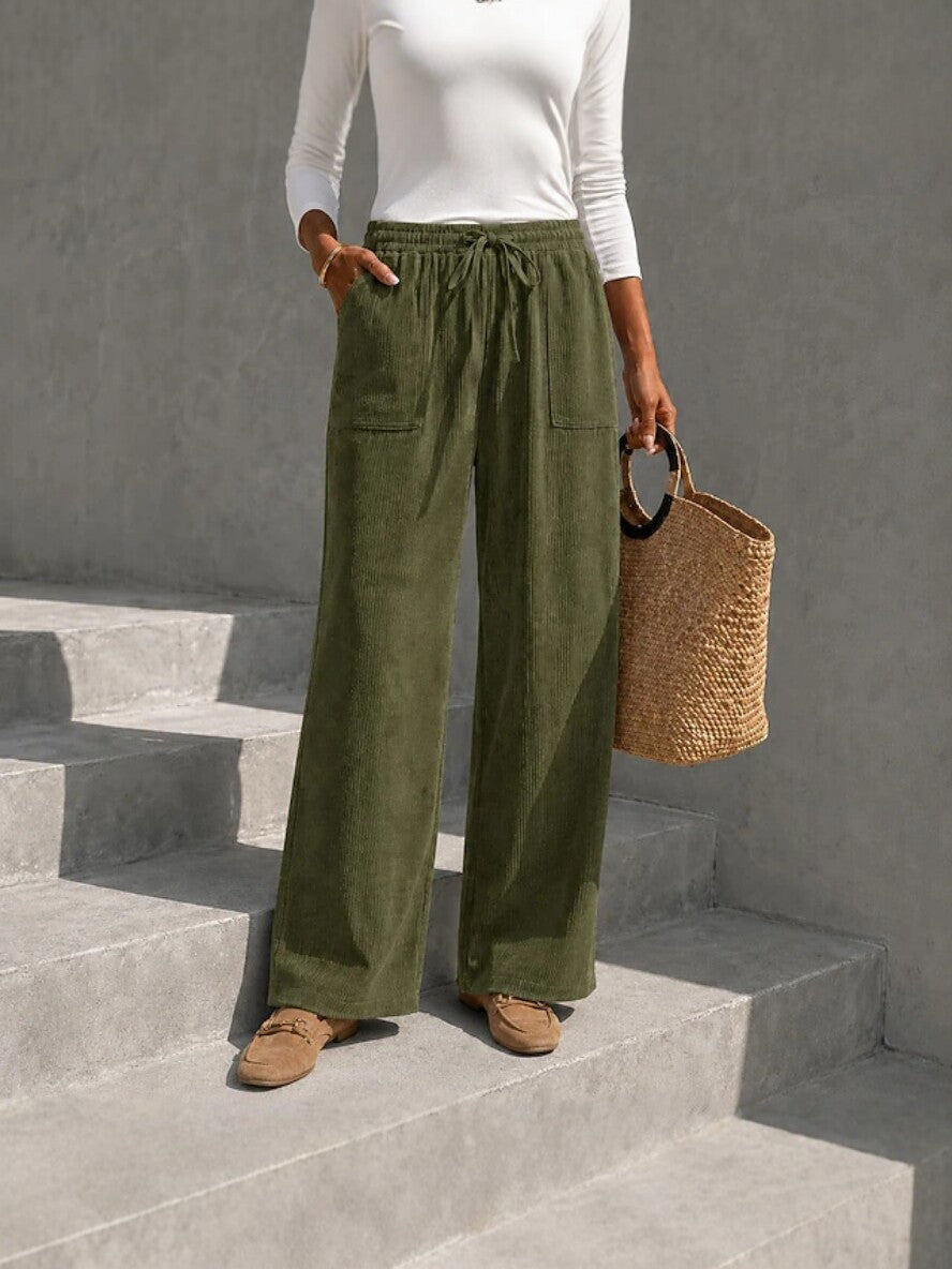 Autumn Winter Women's Corduroy Wide Leg Pants With Elastic Waist And Drawstring, Loose Casual Long Pants