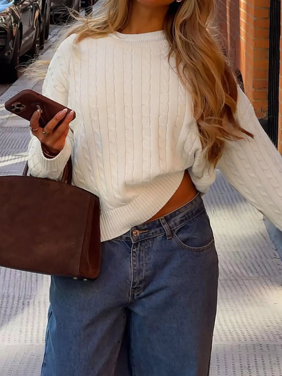 Women's Apricot Color Cable-Knit Crew Neck Sweater - Apricot Color