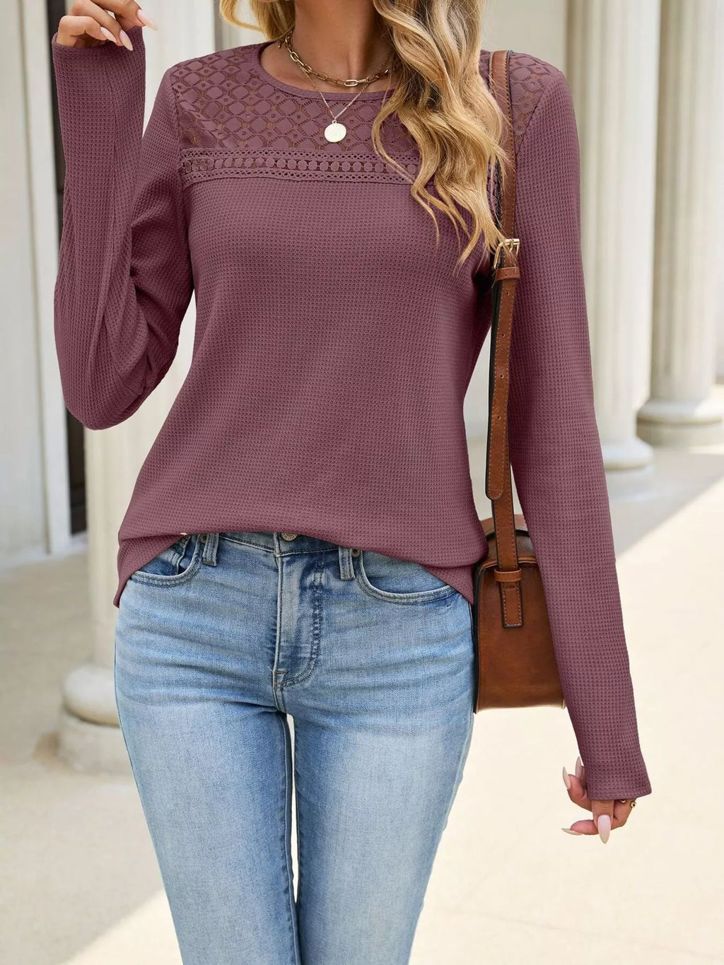 Women's Lace Panel Waffle Knit Long Sleeve T-Shirt