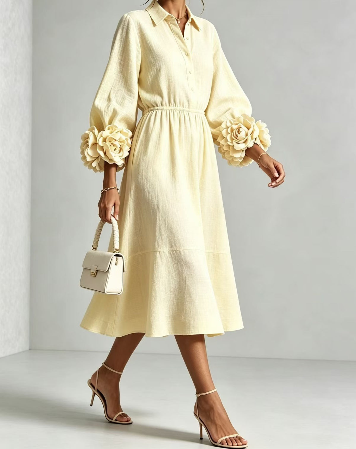 Best-selling Solid-color Round-neck Long-sleeved Floral Dress