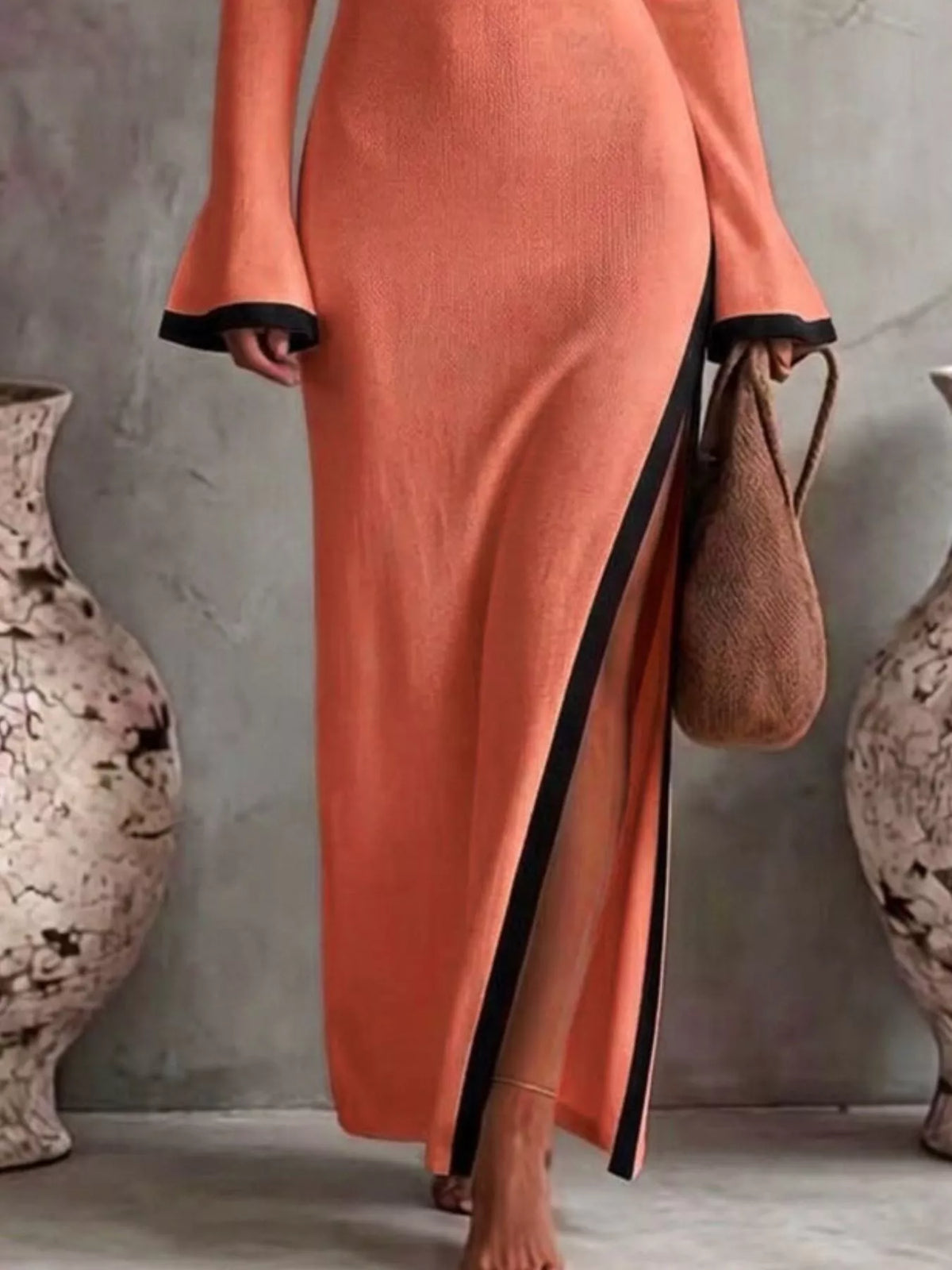 Women's Slit One-Shoulder Contrast Trim Maxi Dress