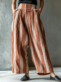 Women's Autumn New European And American Cross-Border Women's Loose Casual Vacation Style Linen Striped Wide-Leg Pants With A High-End Feel - Coral color