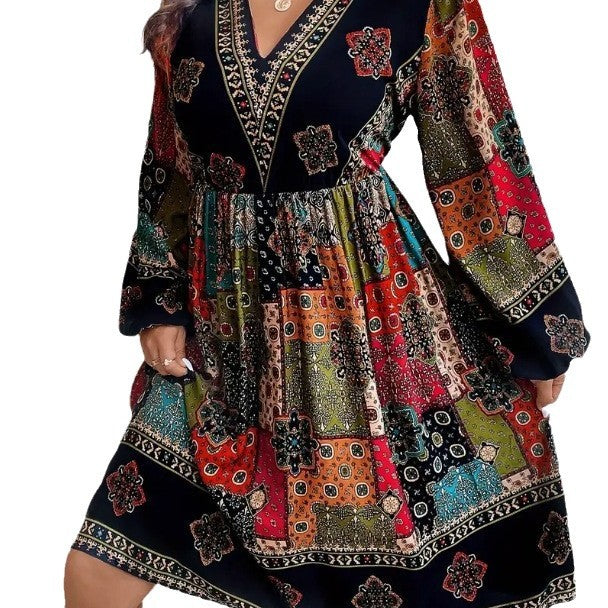 Women's Long Sleeve V-neck Printed Dress