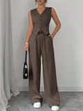 Women's Elegant Button Sleeveless Vest Trousers Set For Women, Spring Summer 2025 - Dark brown