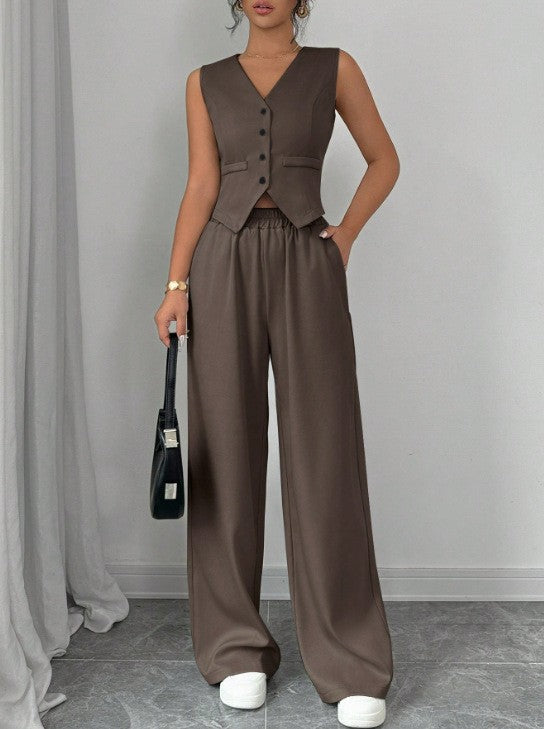 Women's Elegant Button Sleeveless Vest Trousers Set For Women, Spring Summer 2025 - Dark brown