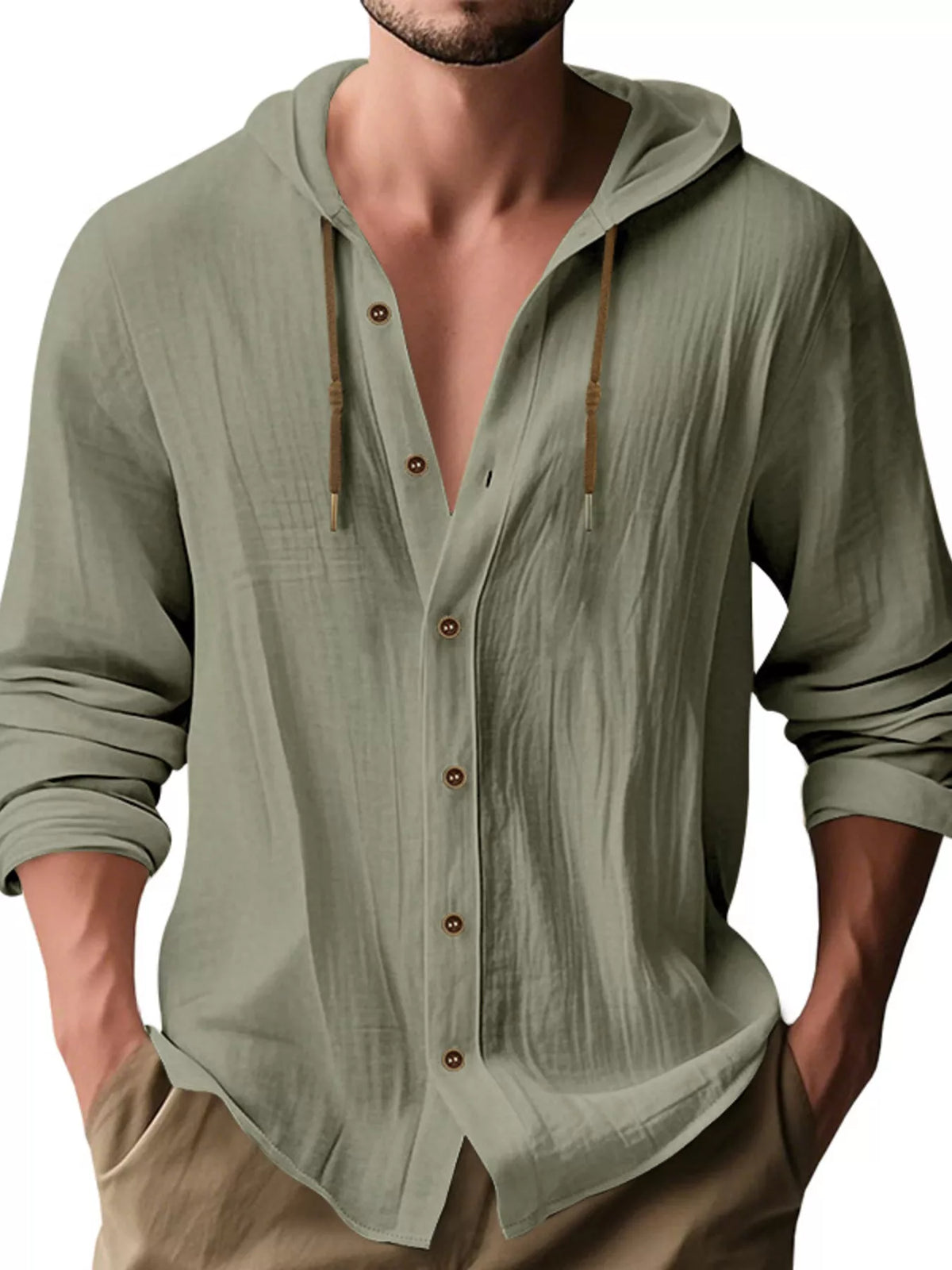 Men's Full Size Drawstring Button Up Hooded Shirt Plus Size