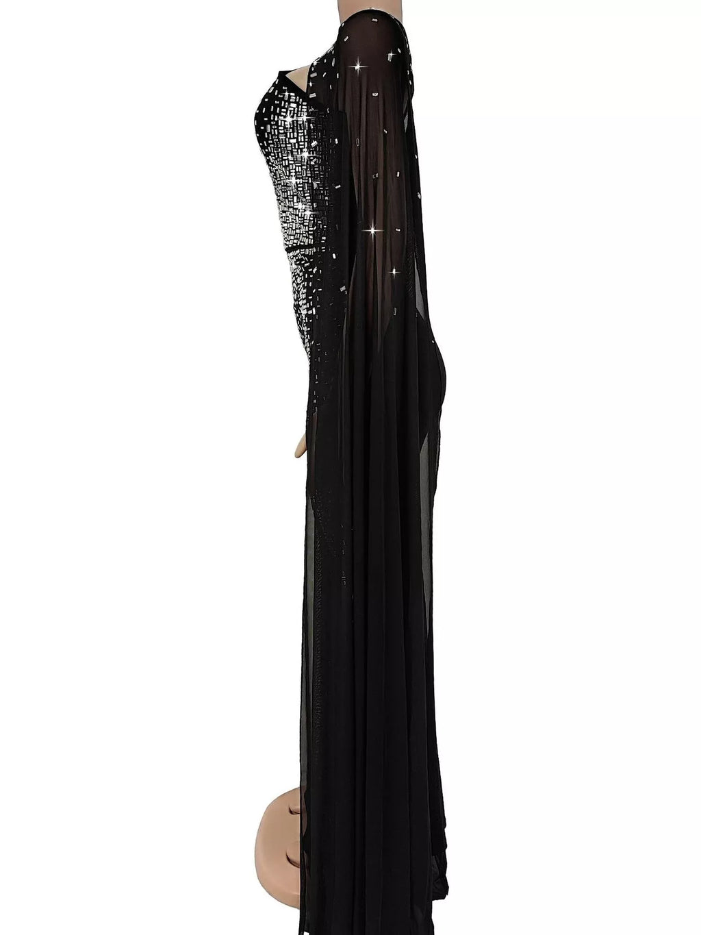 Women's Black Rhinestone Embellished Cape Maxi Dress - Black