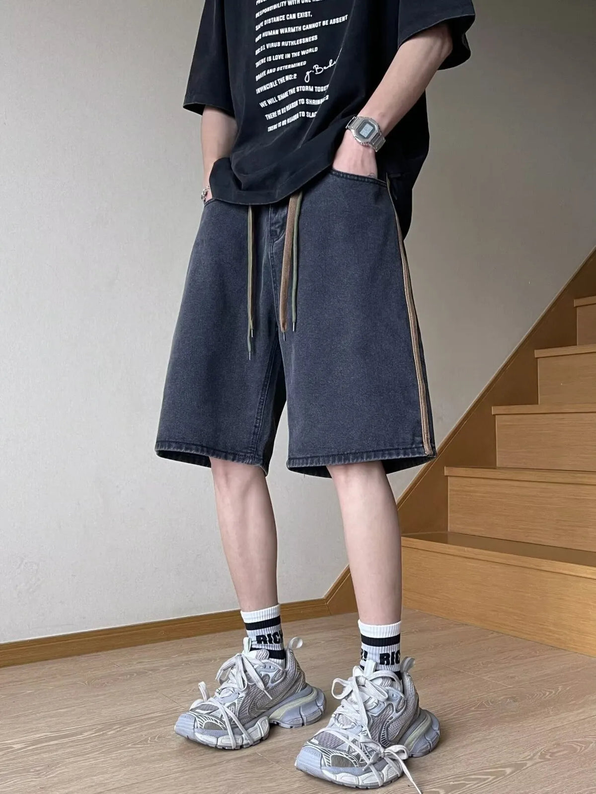 Men's Full Size Drawstring Wide-Leg Denim Shorts Plus Size