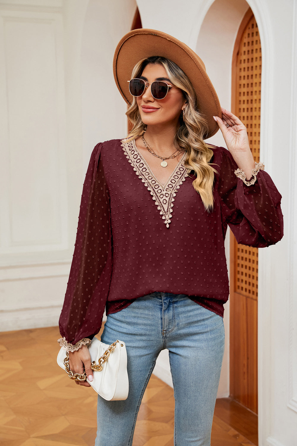Women's Swiss Dot Contrast V-Neck Blouse
