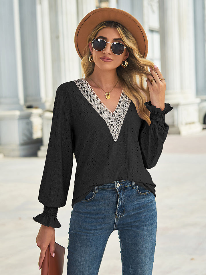 Women's V-Neck Eyelet Flounce Sleeve Blouse - Black