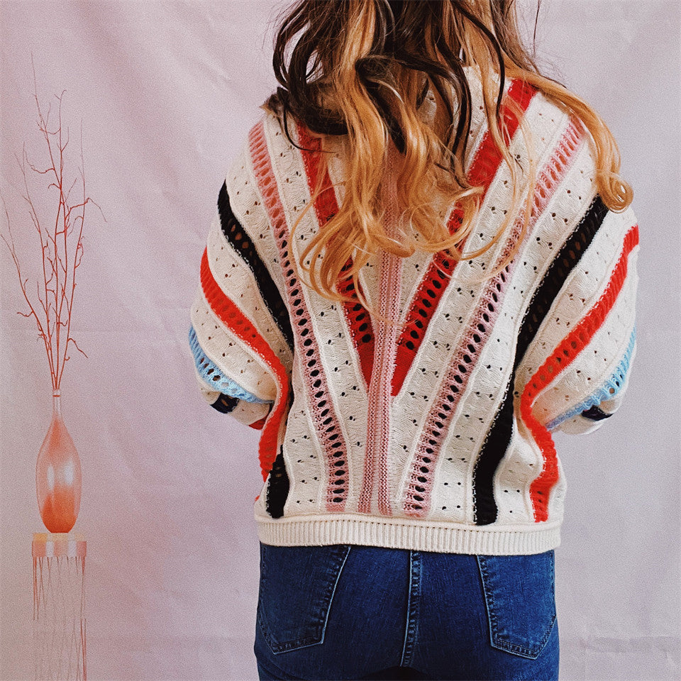 Women's Multicolor Striped Openwork Round Neck Sweater - Multicolor