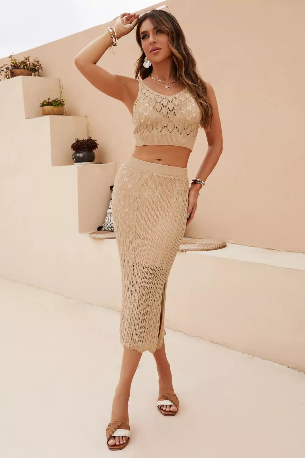 Women's Openwork Cropped Tank and Split Skirt Set
