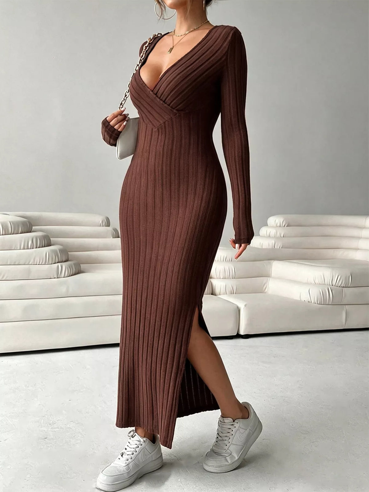 Women's Coffee Brown Slit Long Sleeve Ribbed Knit Maxi Dress - Coffee Brown