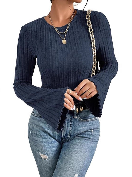 Ribbed, Brushed Crew-neck Long-sleeve Womens T-shirt