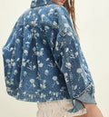 Women's Dark blue Floral Print Oversized Denim Jacket - Dark blue