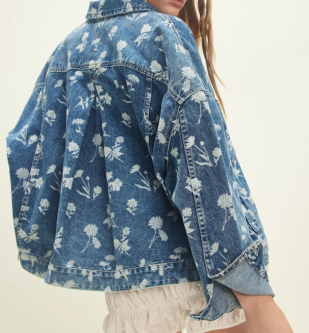 Women's Dark blue Floral Print Oversized Denim Jacket - Dark blue