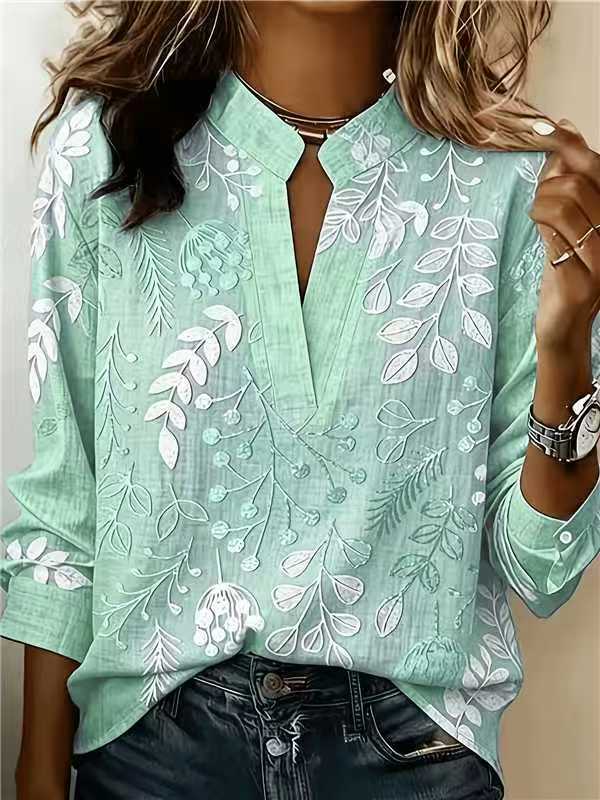 Womens Boho Leaf Floral Print Long Sleeve Blouse, Stand Notch Collar Keyhole V Neck Loose Fit Casual Tunic Shirt