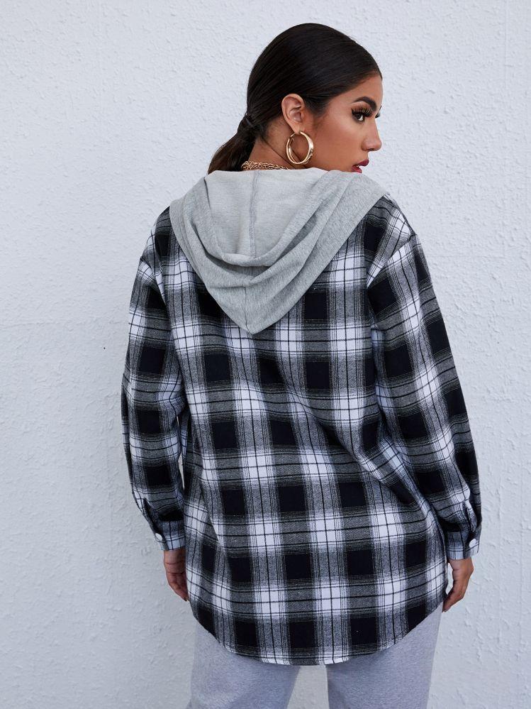 Single-breasted Round-neck Long-sleeve Cotton Plaid Hooded Cardigan