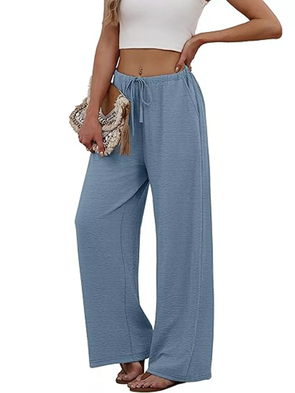 Women's Blue High-Waisted Wide-Leg Pants - Blue