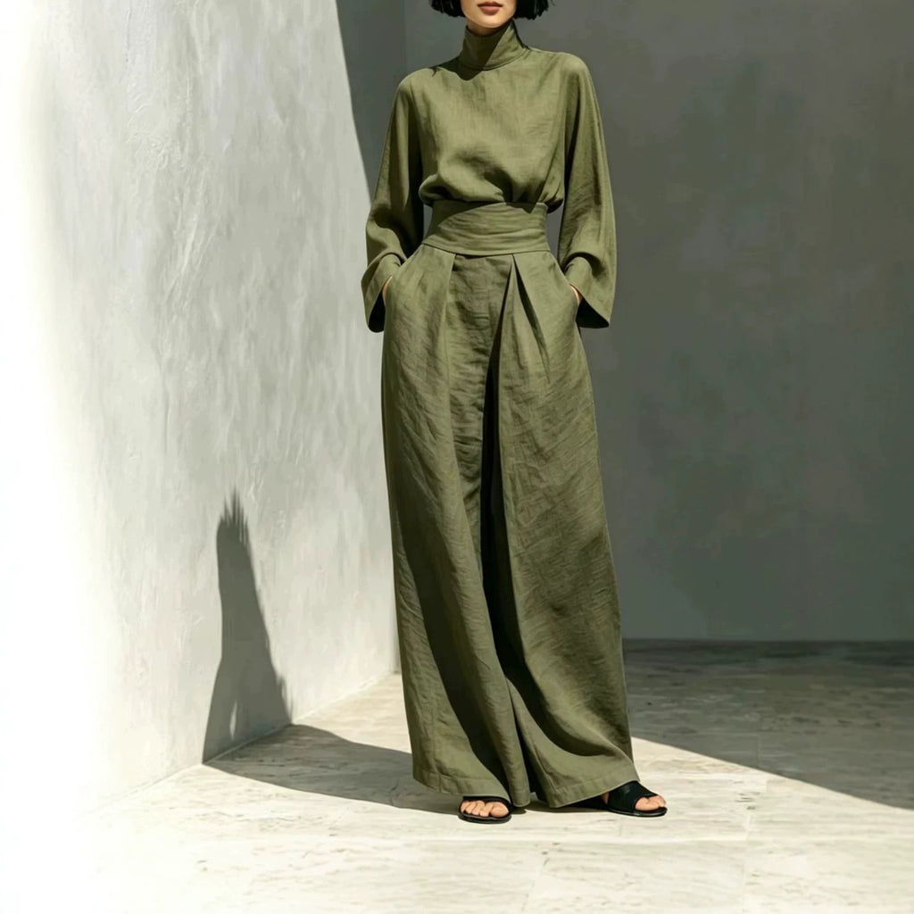 Women's AutumnWinter Cotton-Linen Bell-Sleeve Wide-Leg Pants Casual Set