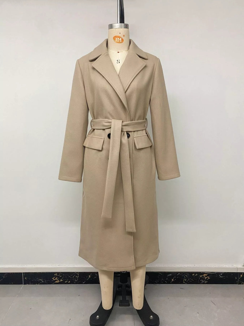 Women's Khaki Double-Breasted Lapel Collar Longline Coat - Khaki