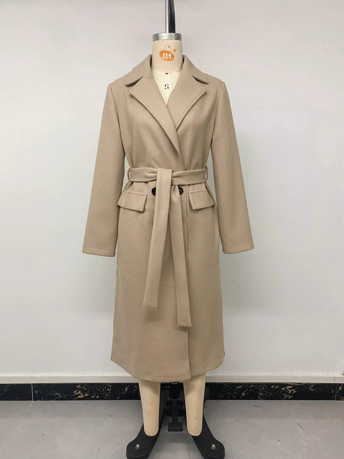 Women's Khaki Double-Breasted Lapel Collar Longline Coat - Khaki