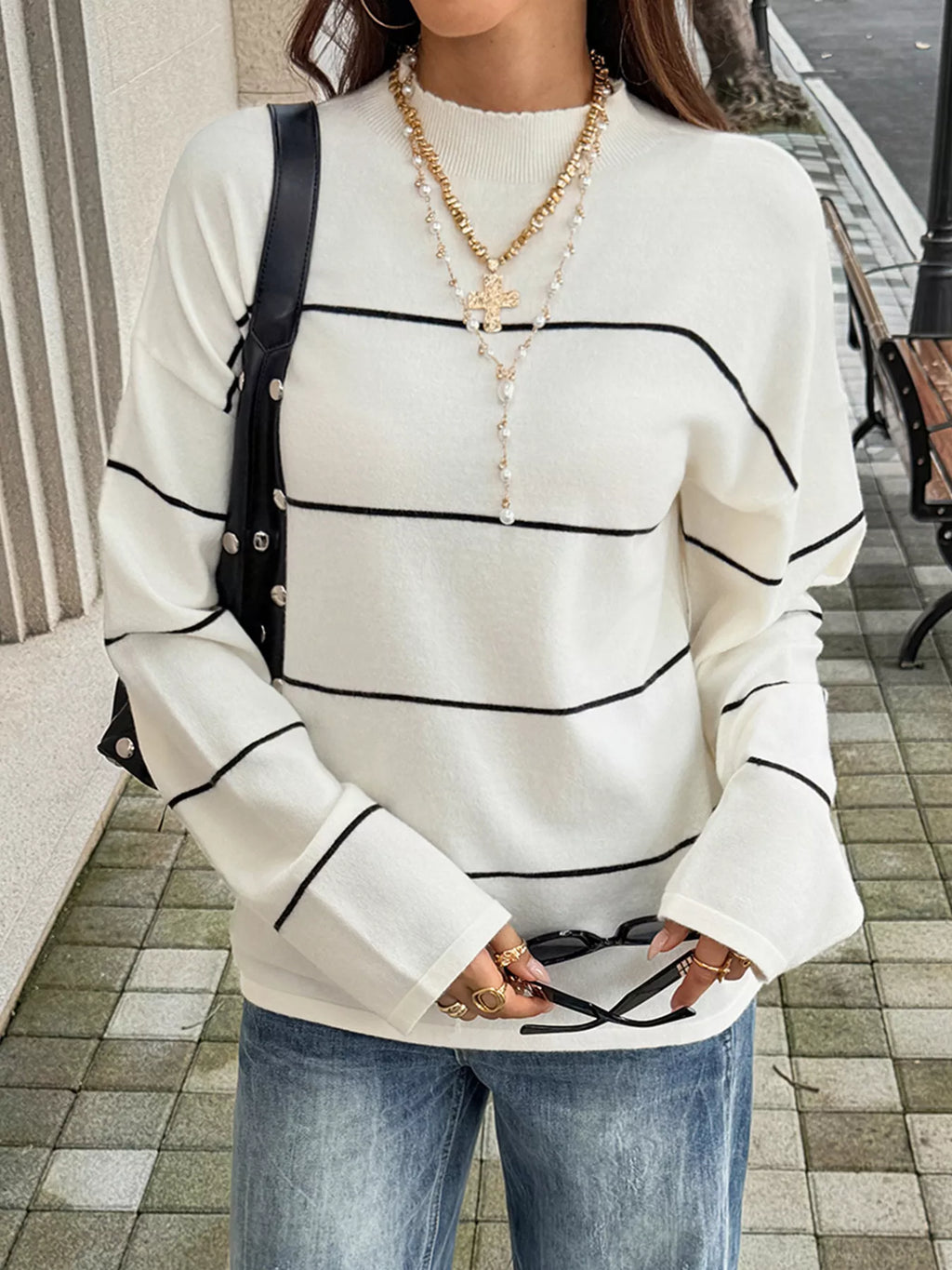 Women's Black And White Stripes Striped Mock Neck Sweater - Black And White Stripes