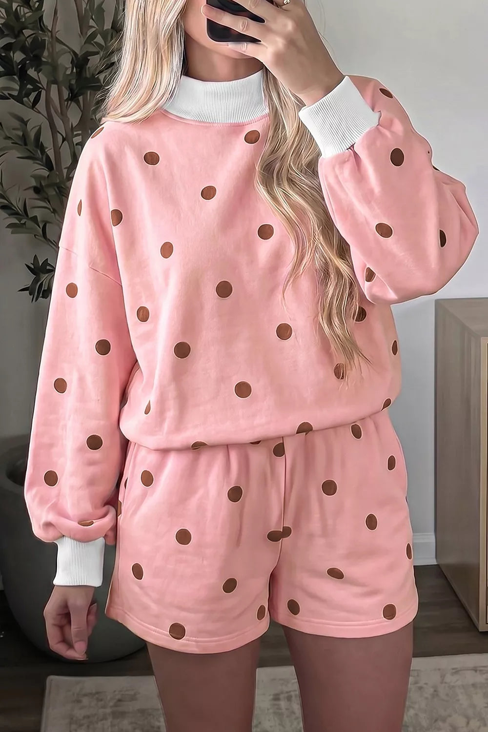 Women's Pale Blush Polka Dot Long Sleeve Sweatshirt and Shorts Lounge Set - Pale Blush