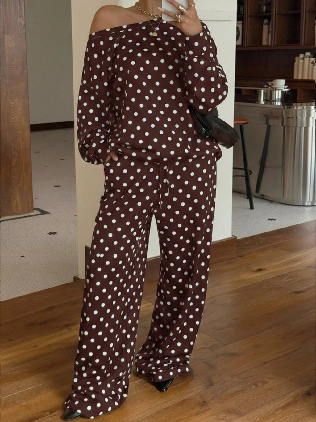 Women's Polka Dot Boat Neck Top and Pants Set