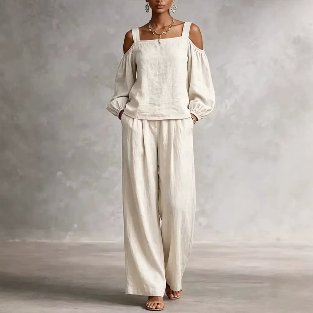 Women's Linen Blend Two-piece Set With Double Straps