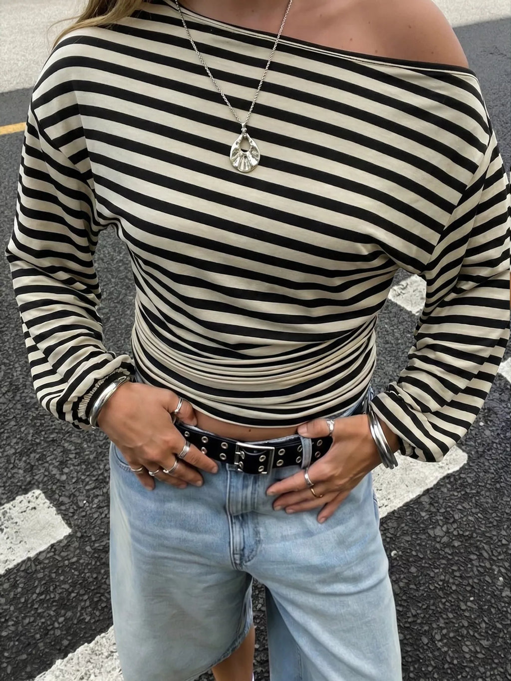 Women's Black Apricot Color One Shoulder Striped Long Sleeve Slim-Fit T-Shirt - Black Apricot Color