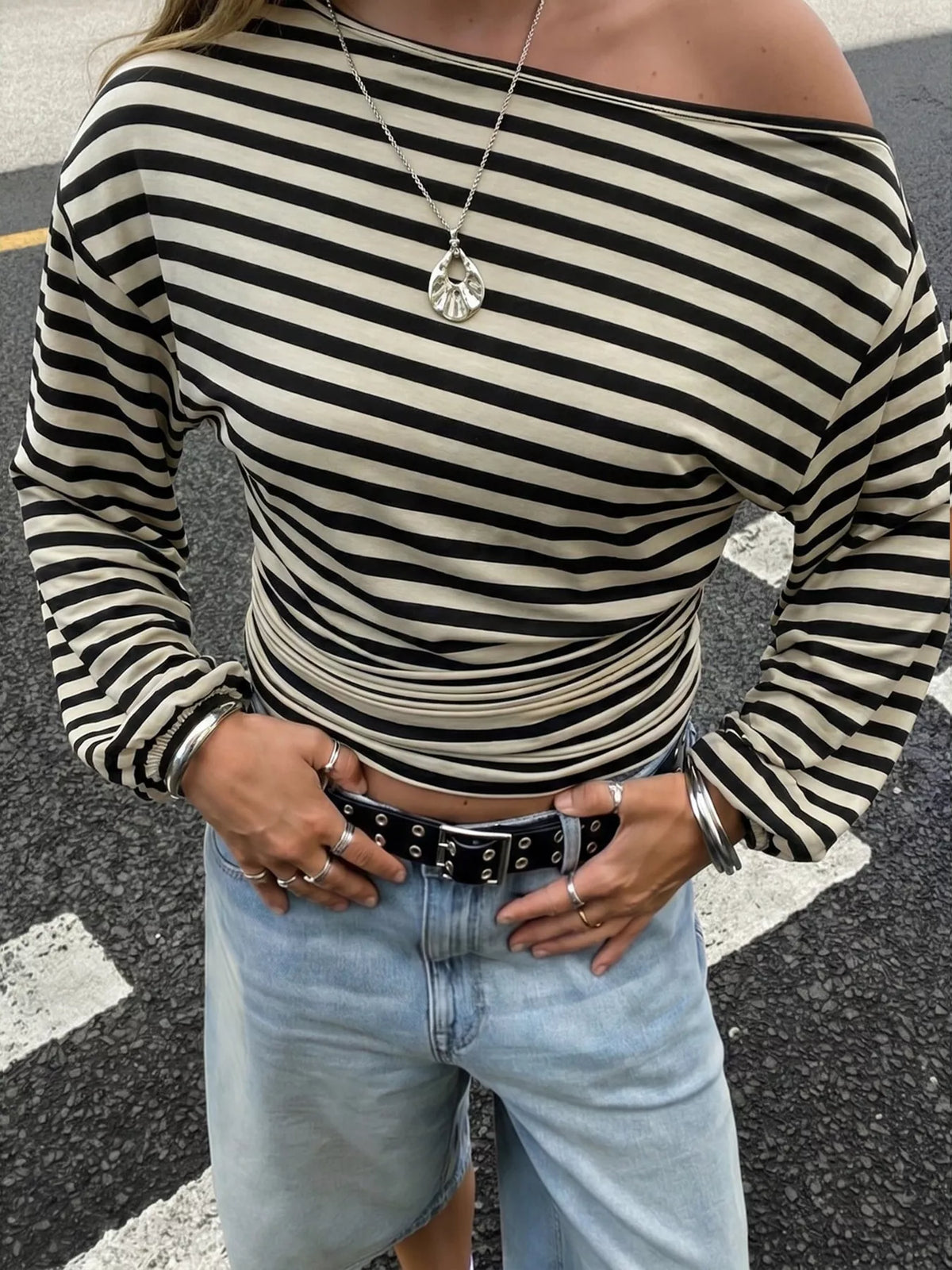 Women's Black Apricot Color One Shoulder Striped Long Sleeve Slim-Fit T-Shirt - Black Apricot Color