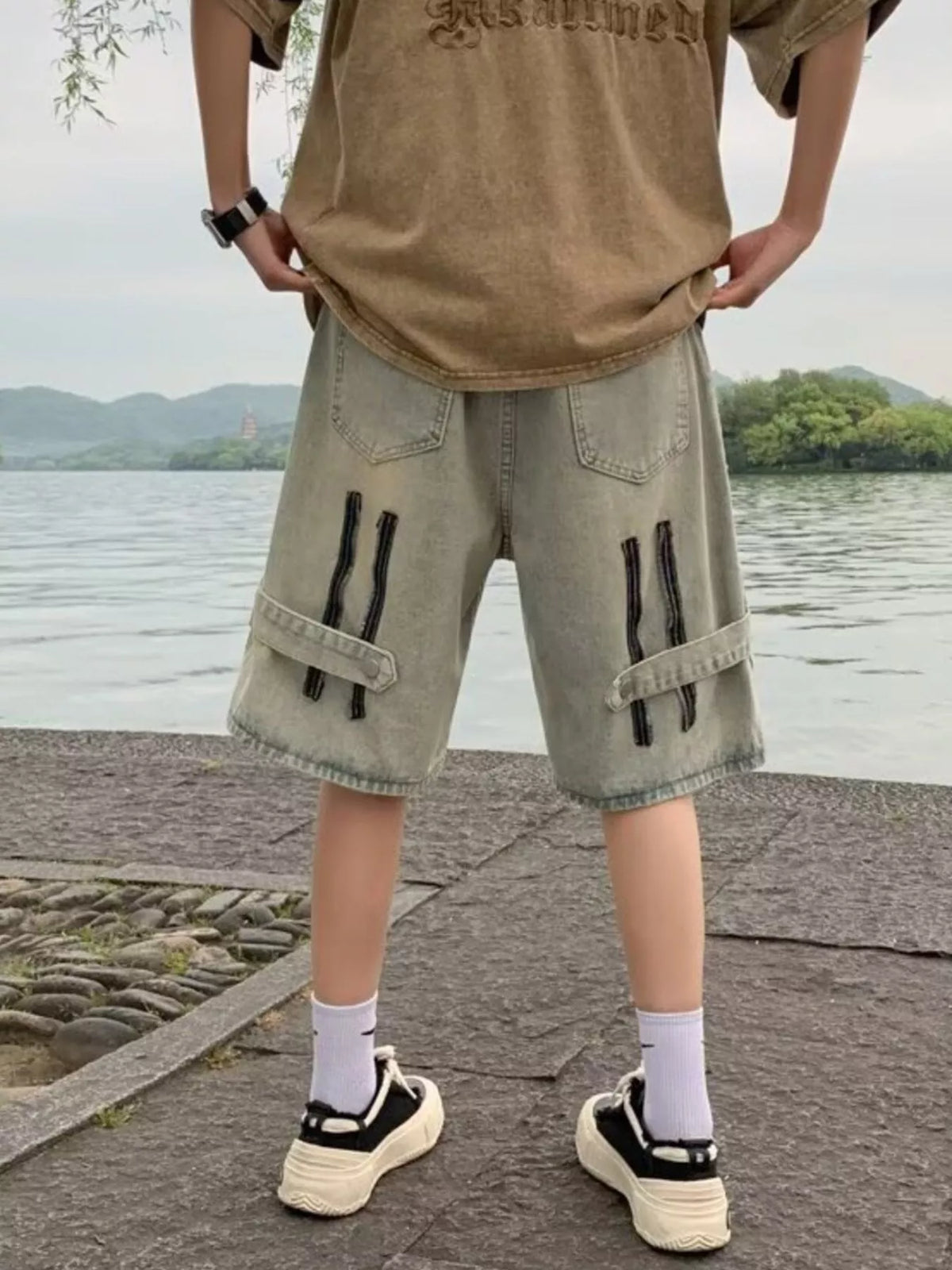 Men's Plus Size Relaxed Fit Wash Denim Shorts in Yellow Mud Color