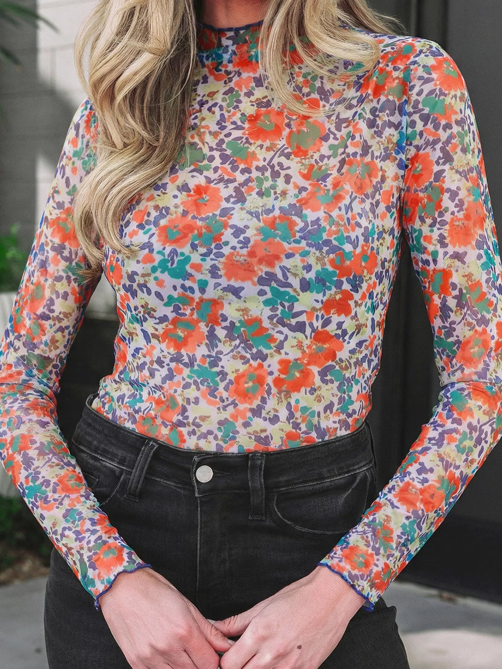 Women's Floral Print Sheer Mesh Long Sleeve Mock Neck Top - Floral