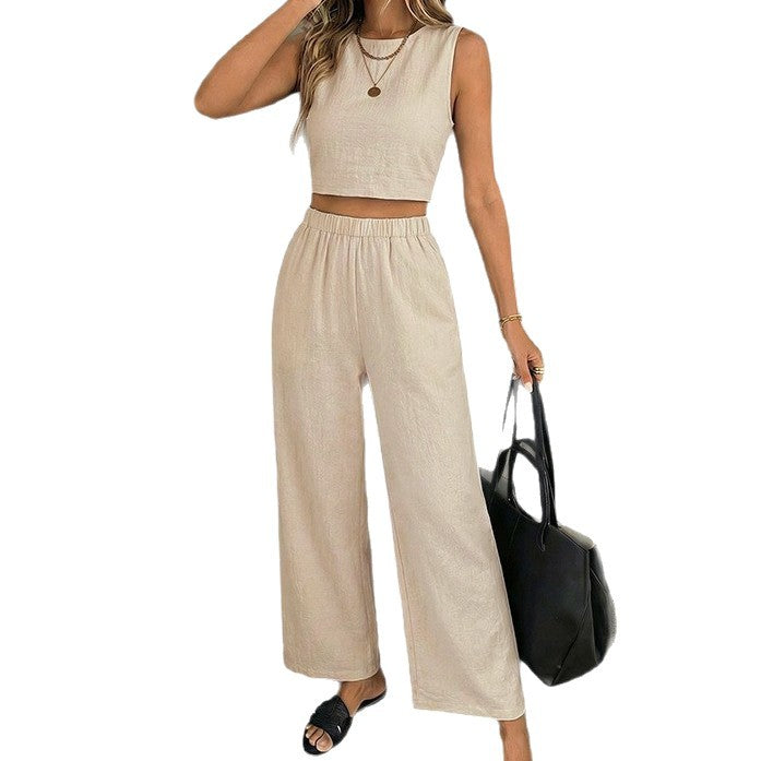 Womens Crew-Neck Vest And Straight-Leg Pants Set