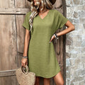 Solid Color V Neck Short Sleeve Dress For Women, Slim Fit Sexy Casual Women's Clothing