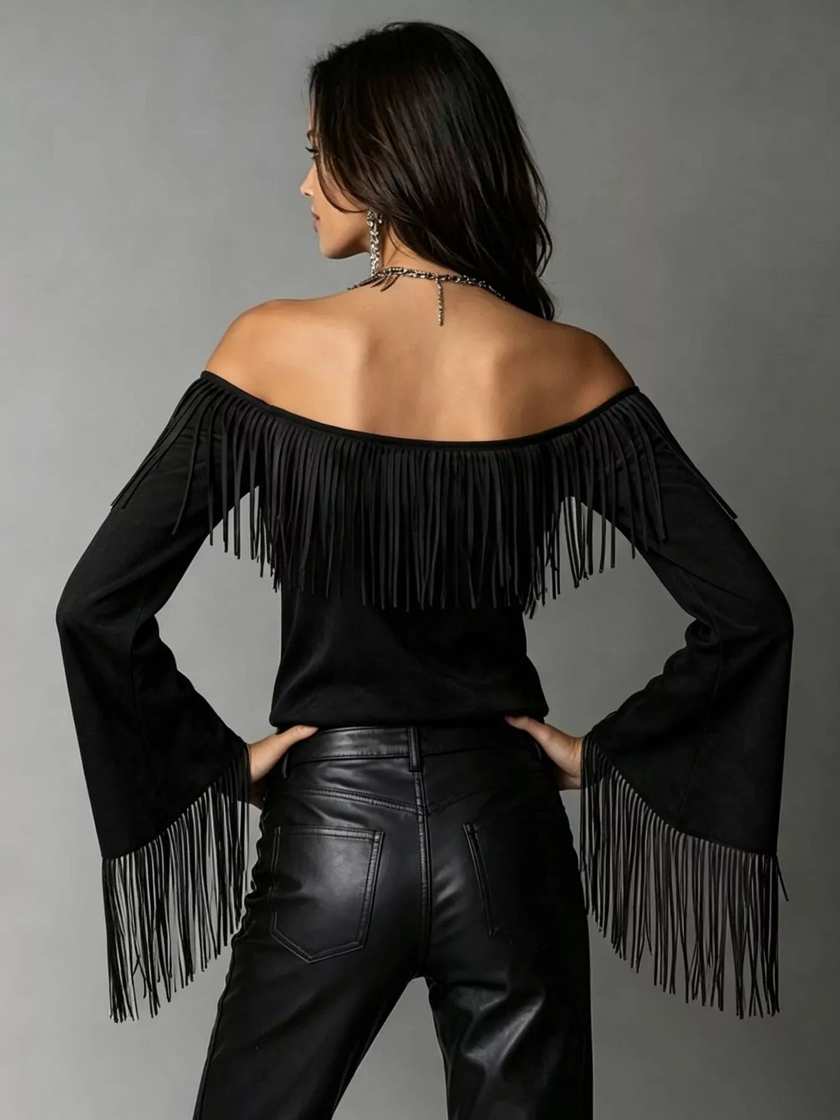 Full Size Fringed Off-Shoulder Flare Sleeve Top Plus Size