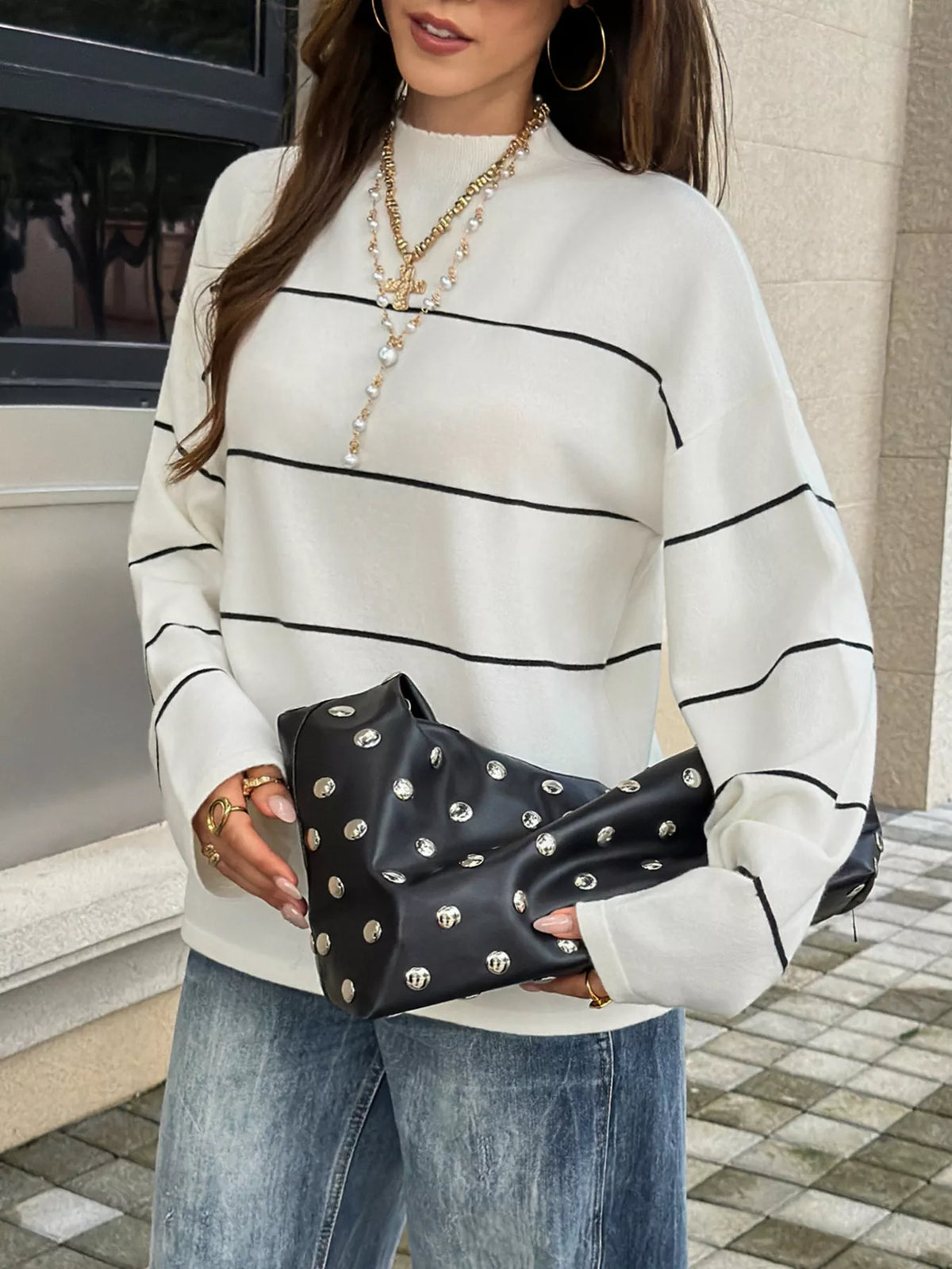 Women's Black And White Stripes Striped Mock Neck Sweater - Black And White Stripes