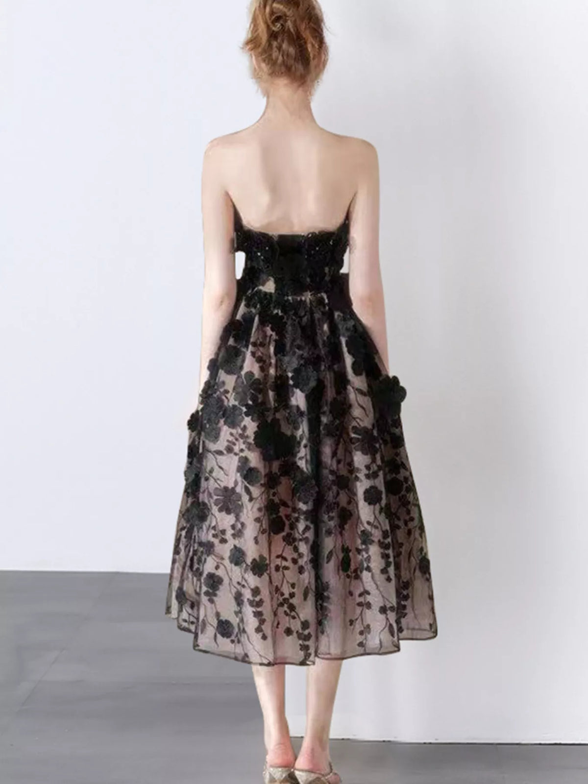 Women's Strapless Floral Applique Midi Dress