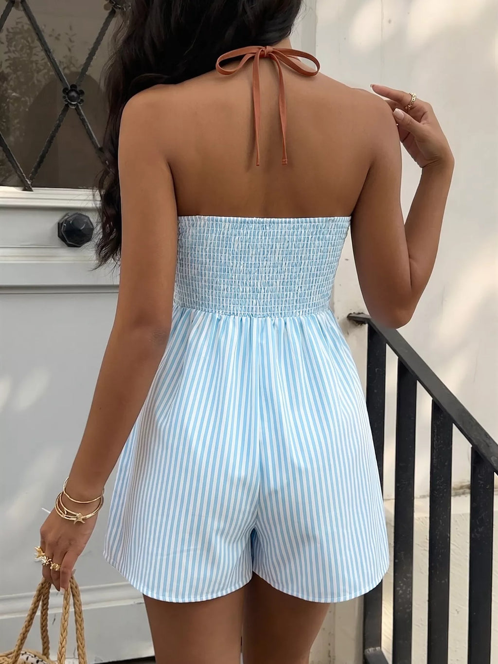 Women's Blue Striped Halter Neck Romper - Blue