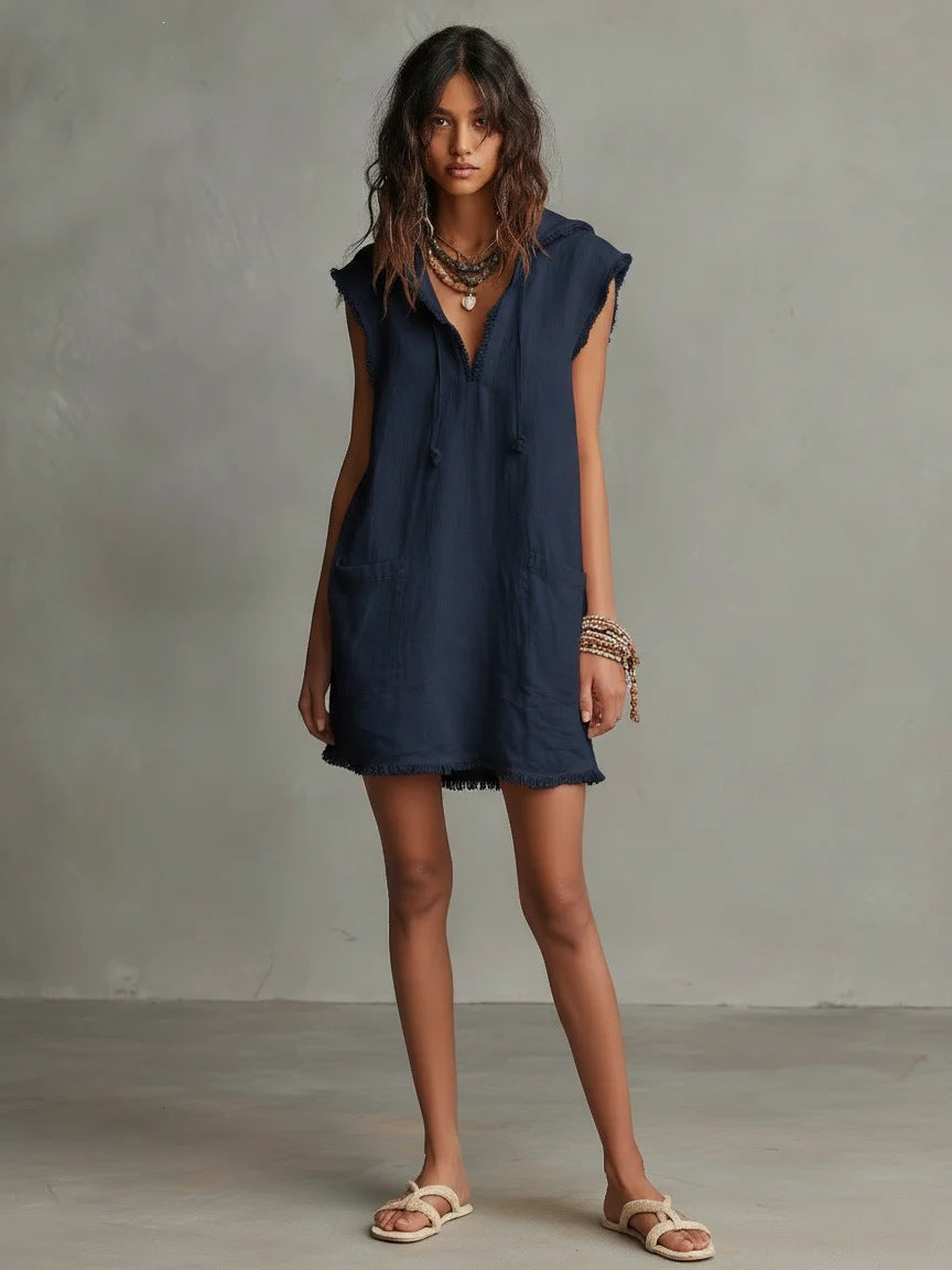 Minimalist Linen Blend Mini Dress, Hooded Sleeveless Lace Trim Solid Color Dress