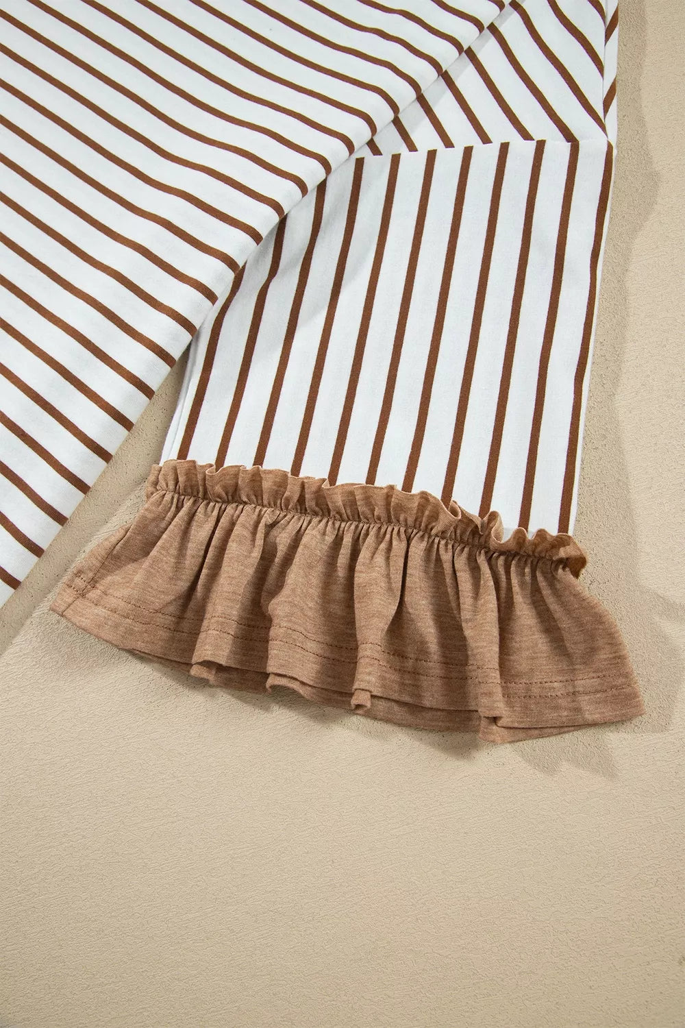 Women's Camel Stripe V Neck Ruffle Contrast Sleeve Top Drawstring Pants 2pcs Set - Camel